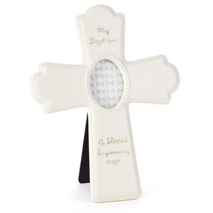 White Ceramic Baptism Picture Frame Cross