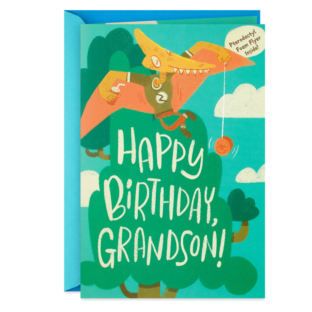 Grandson - Dinosaur Birthday Card With Foam Flyer